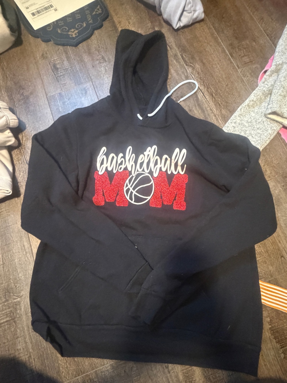 Basketball Mom Hoodie - Black with Red Glitter Lettering